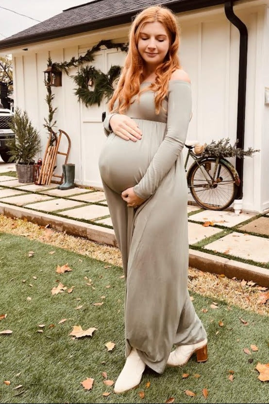 Sage Off Shoulder Long Sleeve Maternity Maxi Dress by PinkBlush (view 5 of 6)