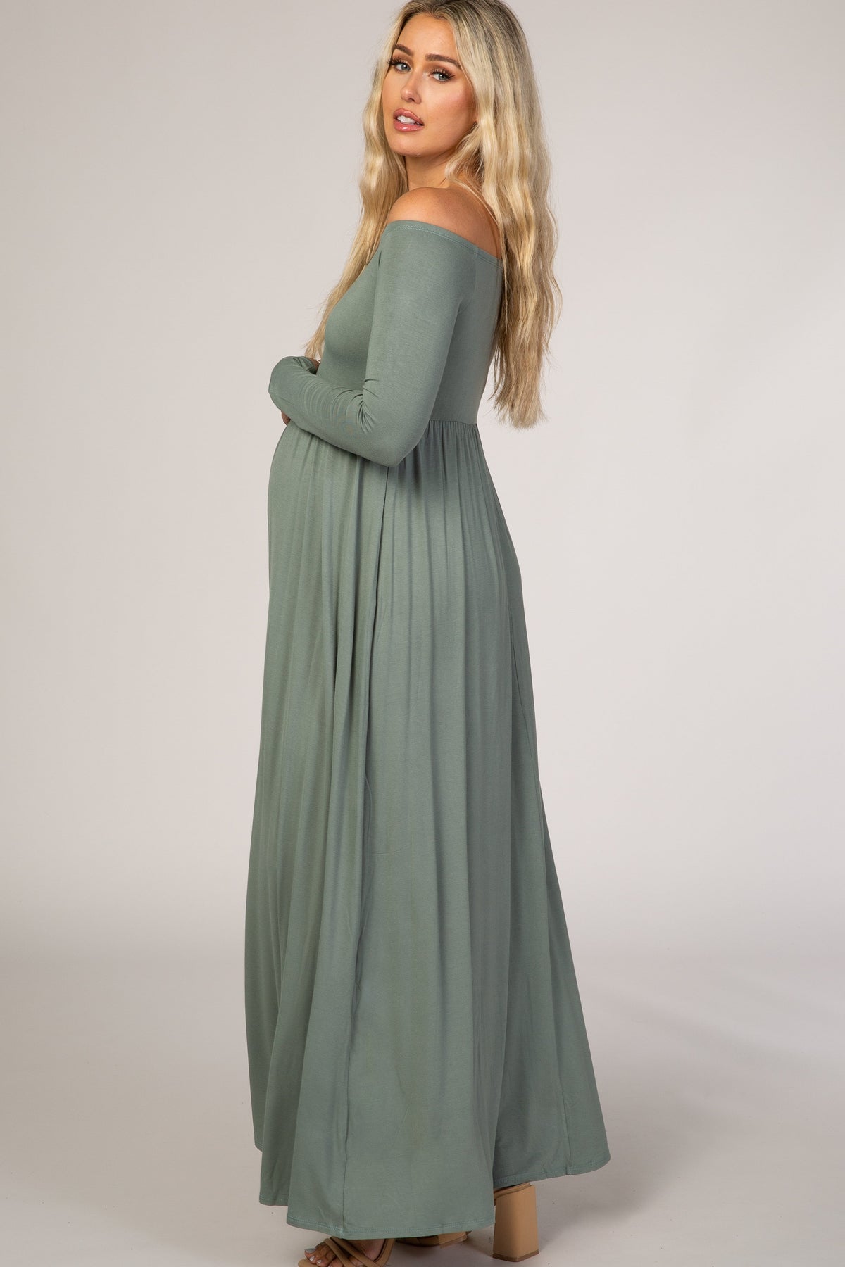 Sage Off Shoulder Long Sleeve Maternity Maxi Dress by PinkBlush (view 2 of 6)