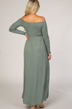 Sage Off Shoulder Long Sleeve Maternity Maxi Dress by PinkBlush (view 3 of 6)