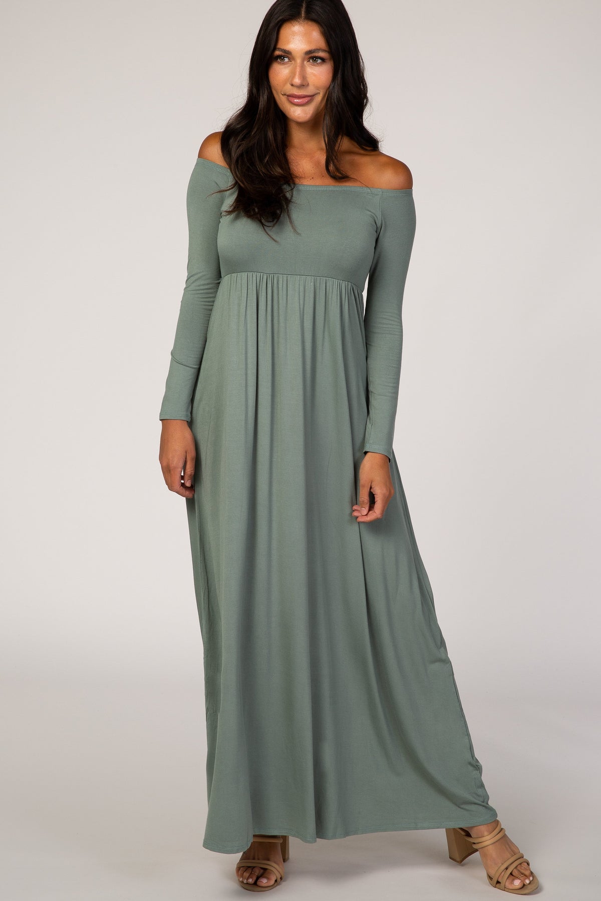 Sage Off Shoulder Long Sleeve Maternity Maxi Dress by PinkBlush (view 6 of 6)