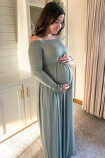 Sage Off Shoulder Long Sleeve Maternity Maxi Dress by PinkBlush (view 4 of 6)