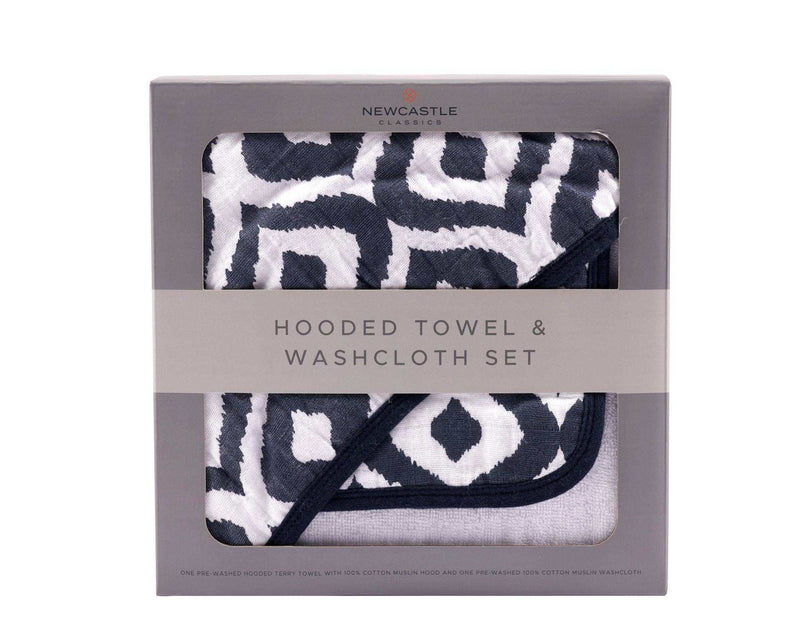 Moroccan Blue Cotton Hooded Towel and Washcloth Set in packaging.