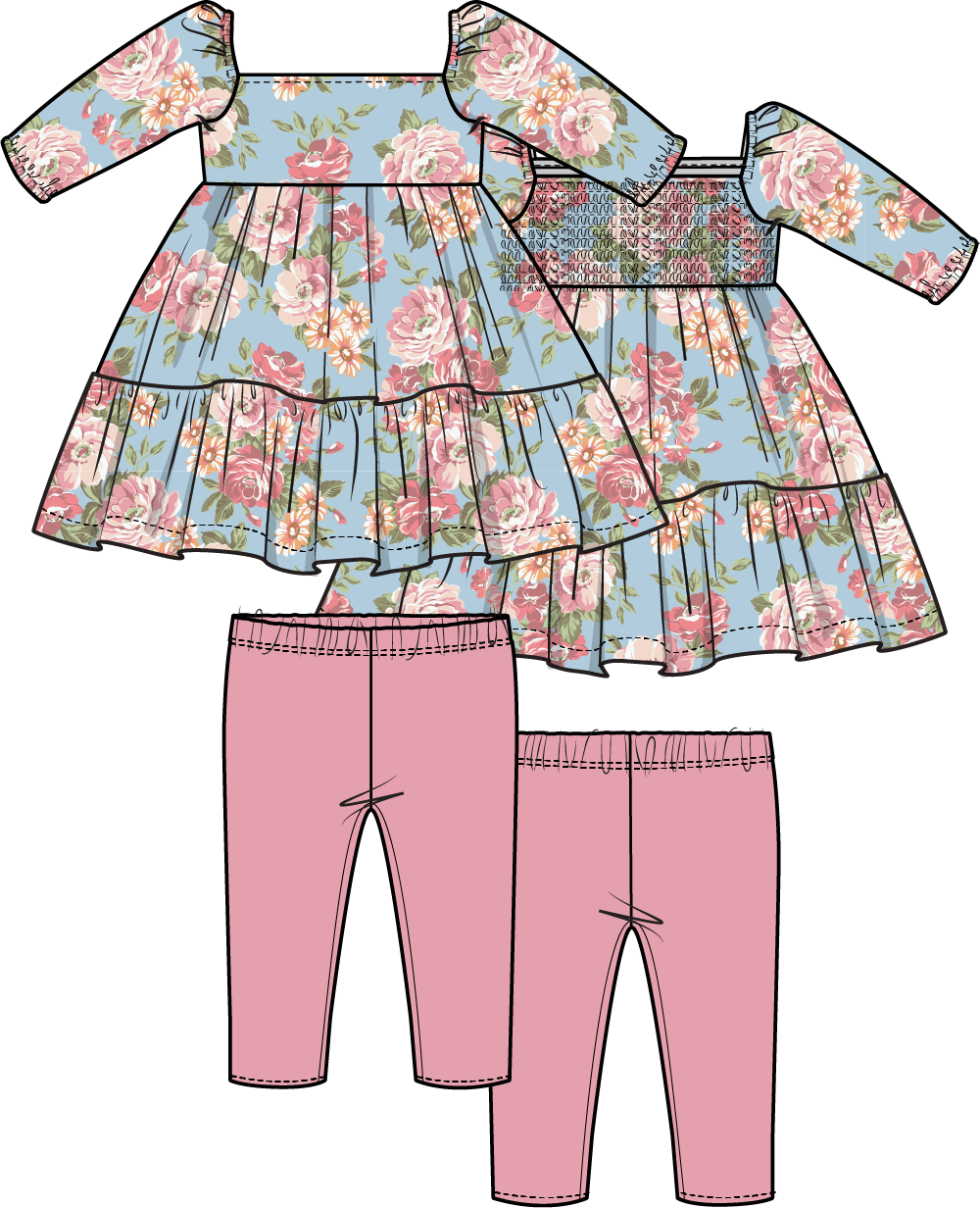 Floral cap sleeve dress with matching coordinating leggings in the Angeline print for babies.