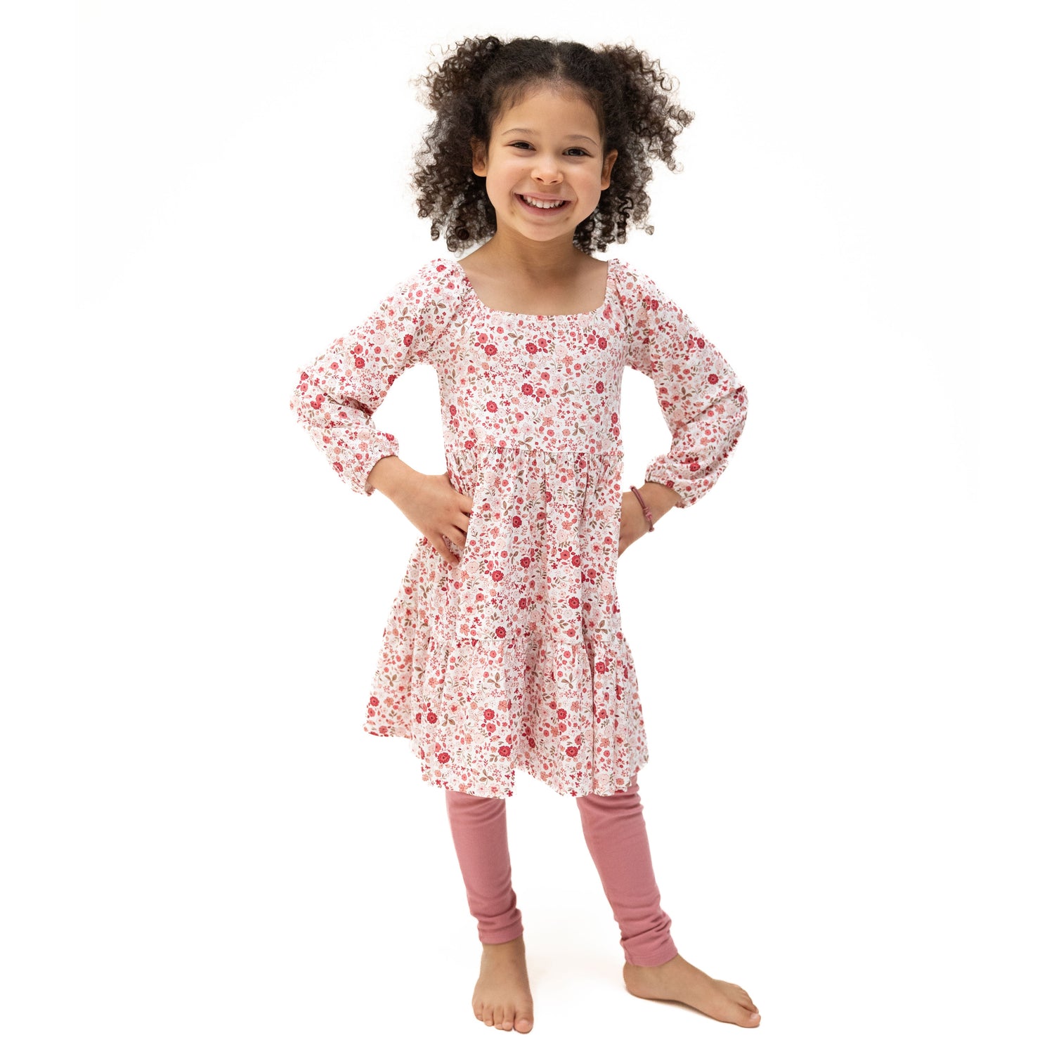 Cap sleeve floral dress with coordinating ribbed leggings in a soft serene floral print