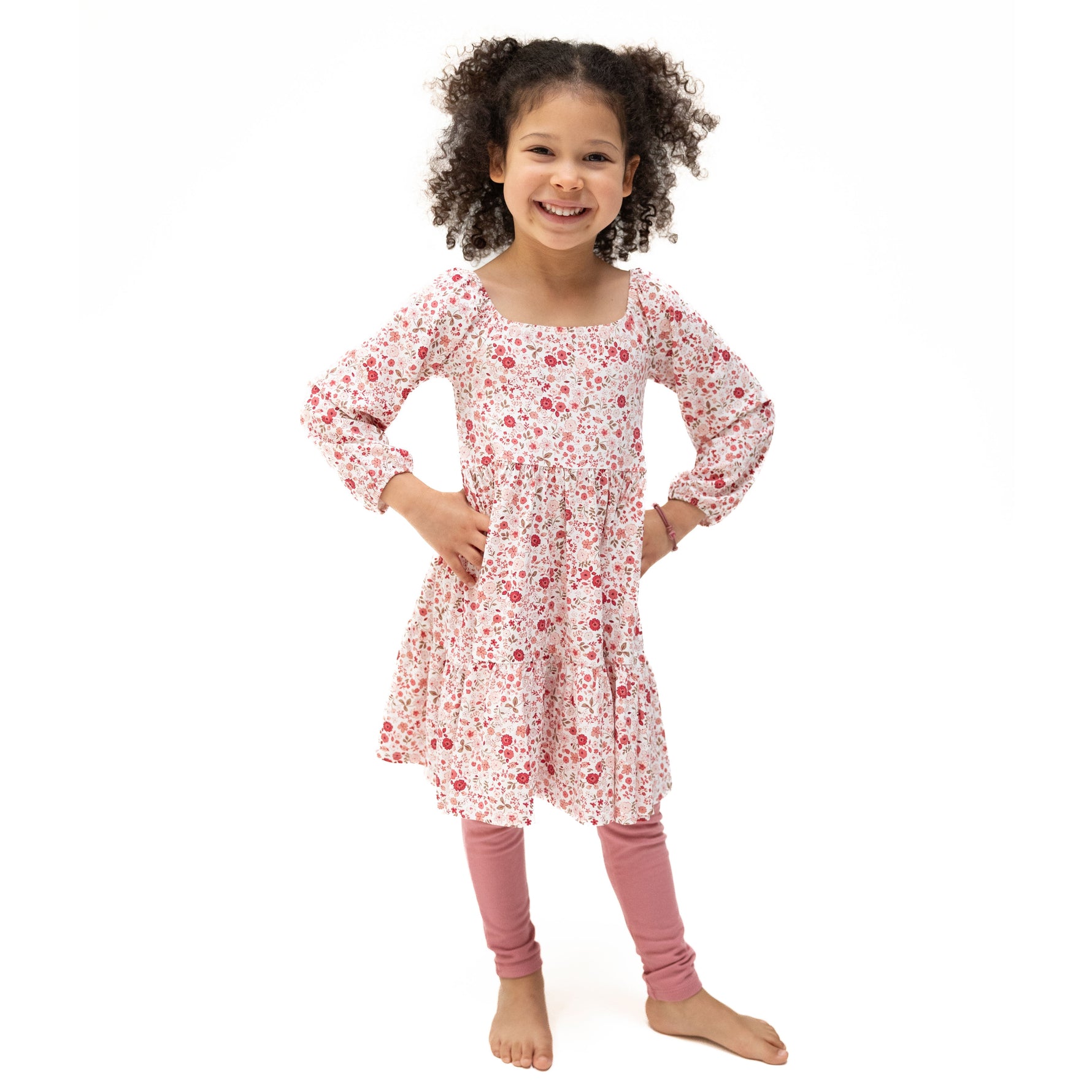 Cap sleeve floral dress with coordinating ribbed leggings in a soft serene floral print