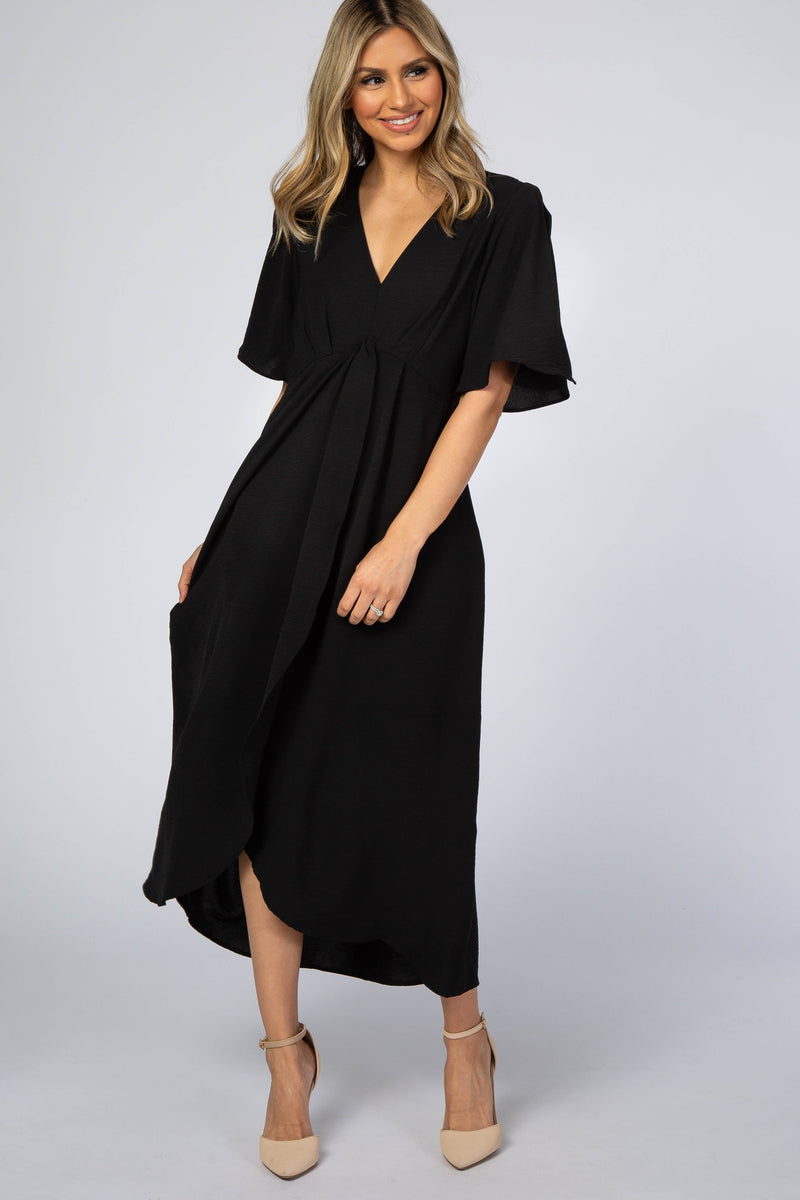 Black Open Sleeve Wrap Midi Dress PinkBlush