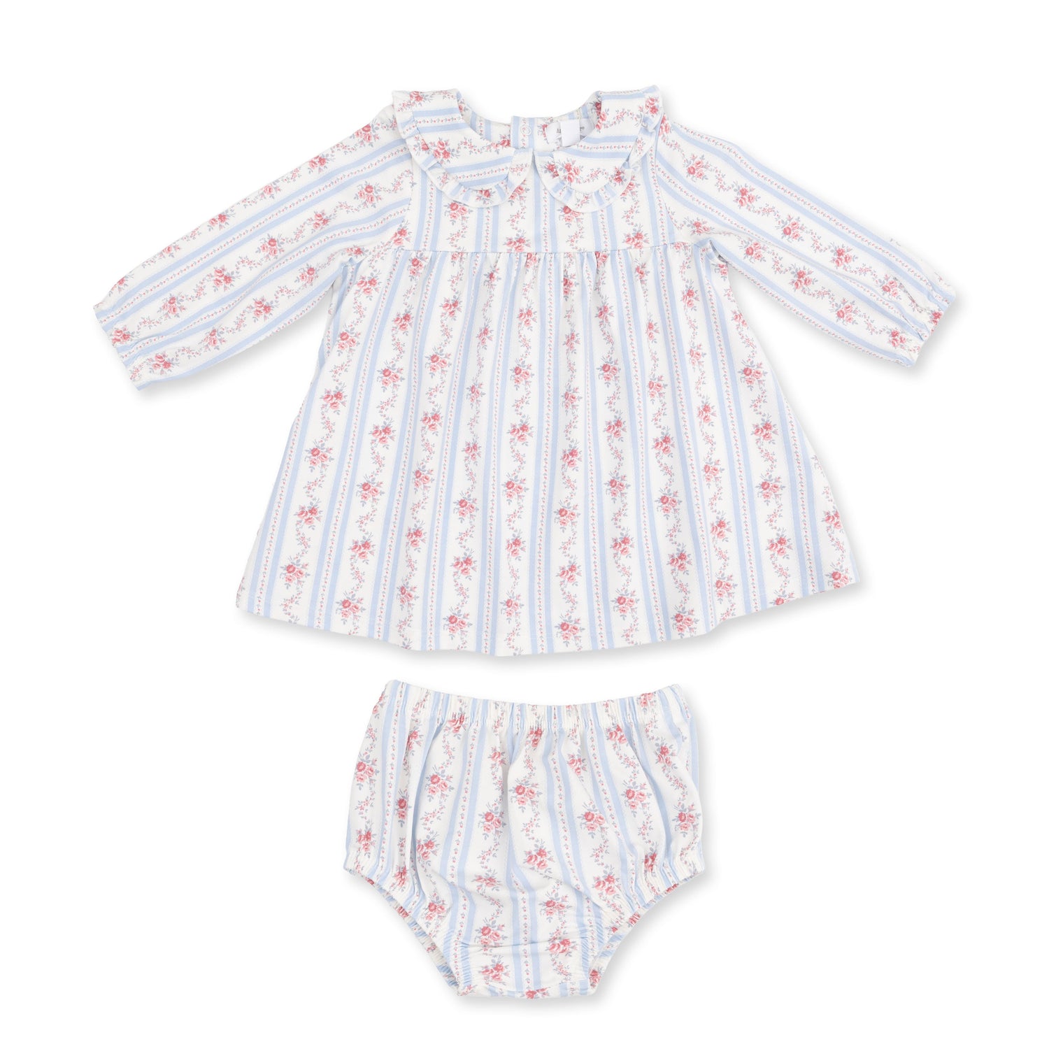 Anna Floral Stripe - Long Sleeve Peter Pan Ruffle Collar Dress and Bloomer