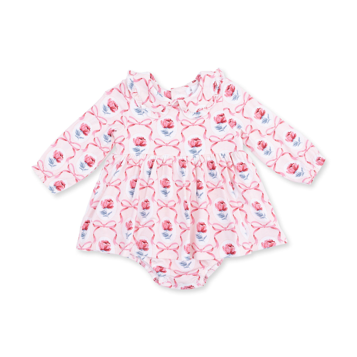 Baby bubble romper with ruffle-trimmed Peter Pan collar and long sleeves in Leslie Rose print, with matching skirt