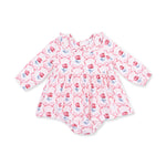 Baby bubble romper with ruffle-trimmed Peter Pan collar and long sleeves in Leslie Rose print, with matching skirt