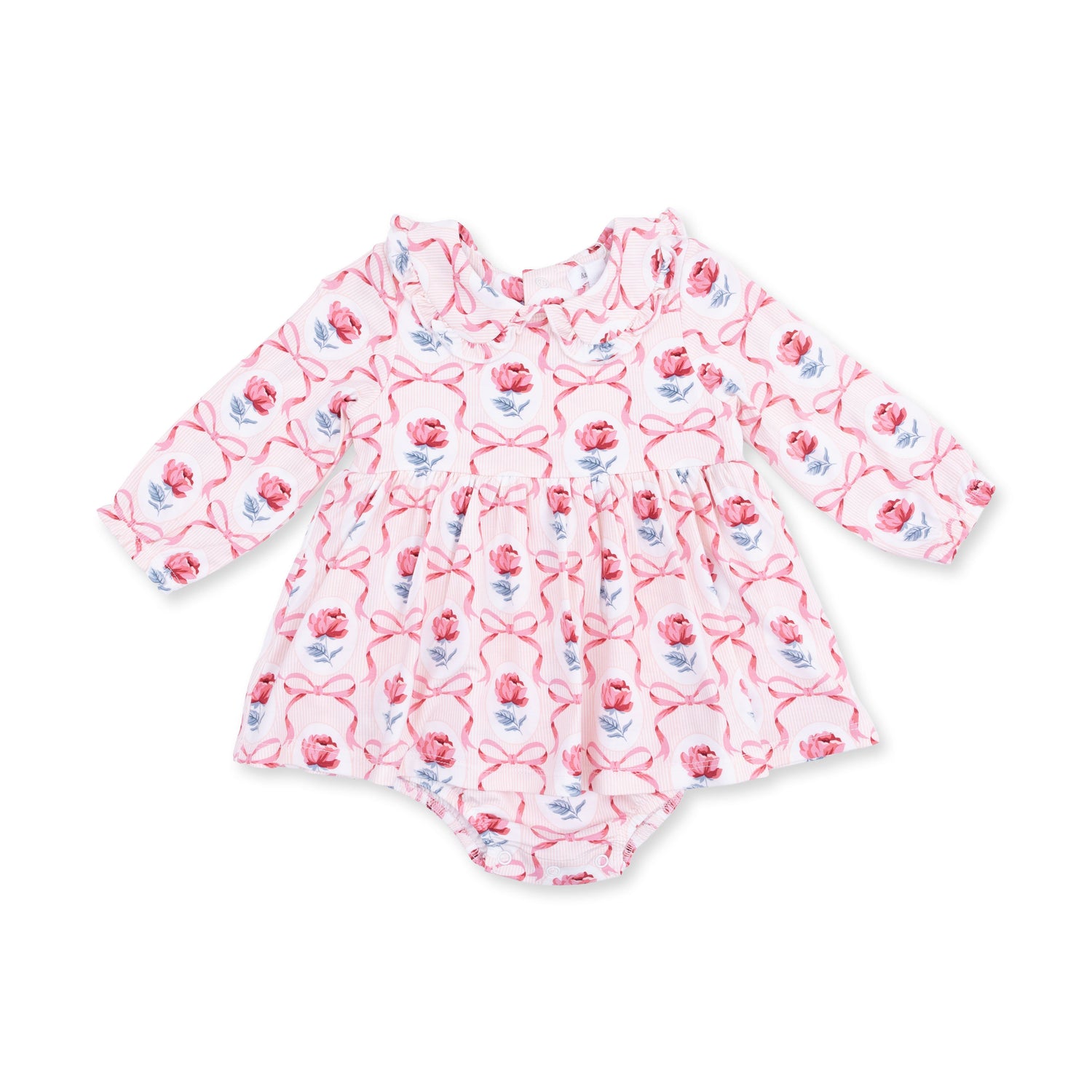 Baby bubble romper with ruffle-trimmed Peter Pan collar and long sleeves in Leslie Rose print, with matching skirt