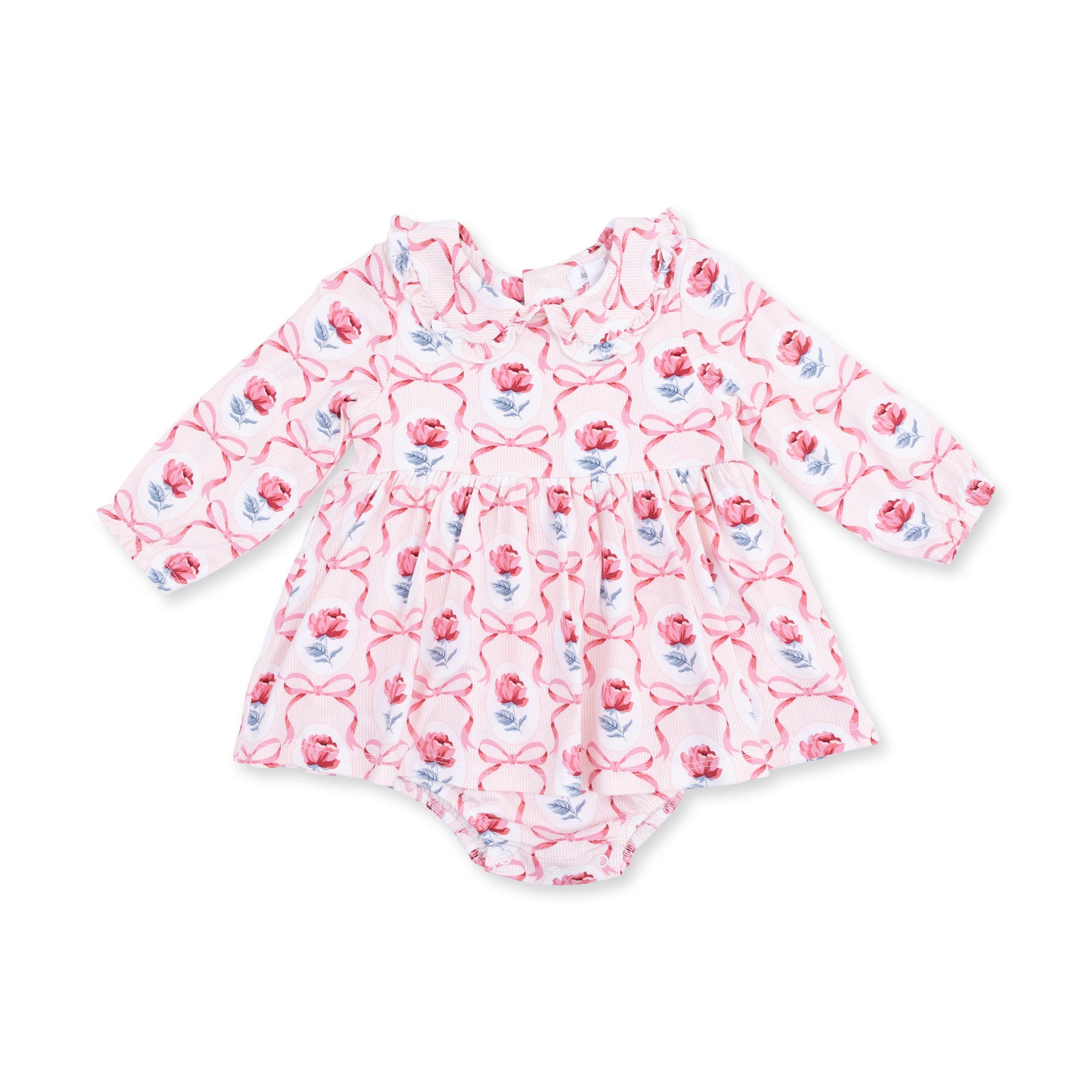 Baby bubble romper with ruffle-trimmed Peter Pan collar and long sleeves in Leslie Rose print, with matching skirt