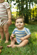 Addie Terry Set blue crewneck t-shirt, rolled cuffs, drawstring bottoms.
