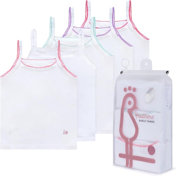 Feathers Girls Undershirts Tagless Camisoles - 5 pk Super Soft Cotton Cami Girls Tank Tops by Feathers USA at Everetts Place