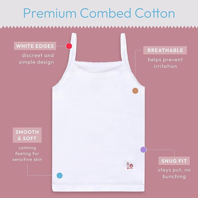 Feathers Girls Undershirts Tagless Camisoles - 5 pk Super Soft Cotton Cami Girls Tank Tops by Feathers USA