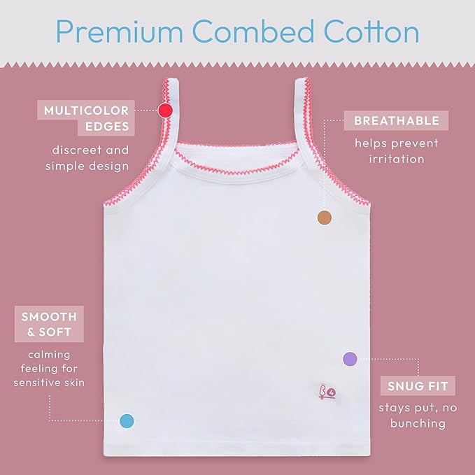Feathers Girls Undershirts Tagless Camisoles - 5 pk Super Soft Cotton Cami Girls Tank Tops by Feathers USA at Everetts Place