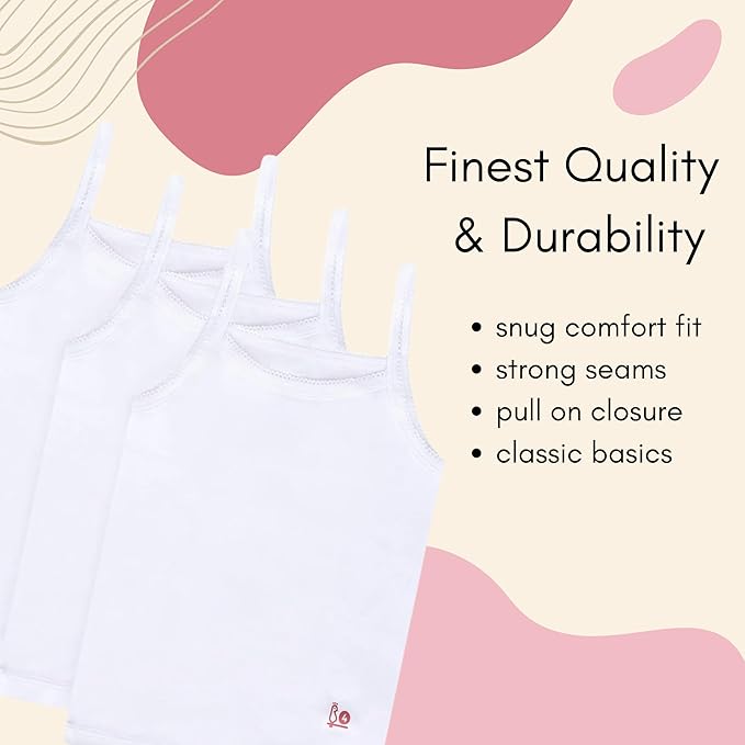 Feathers Girls Solid White Snug Fit Tagless Cami Vest - 100% Cotton Super Soft Undershirts (3/Pack) by Feathers USA at Everetts Place