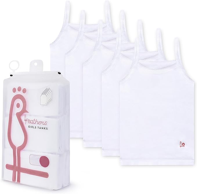 Feathers Girls Undershirts Tagless Camisoles - 5 pk Super Soft Cotton Cami Girls Tank Tops by Feathers USA