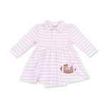 Long sleeve polo collar bodysuit dress with stripes and a football with dotted bow applique on the lower left
