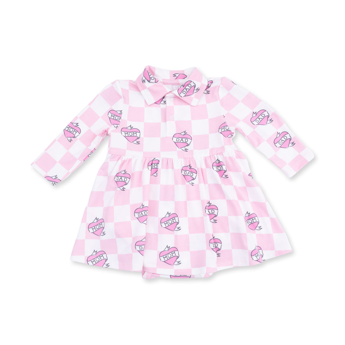 Long sleeve baby bodysuit dress in pink heart tattoo check print with a white polo collar