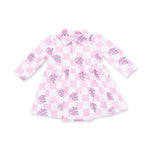 Long sleeve baby bodysuit dress in pink heart tattoo check print with a white polo collar