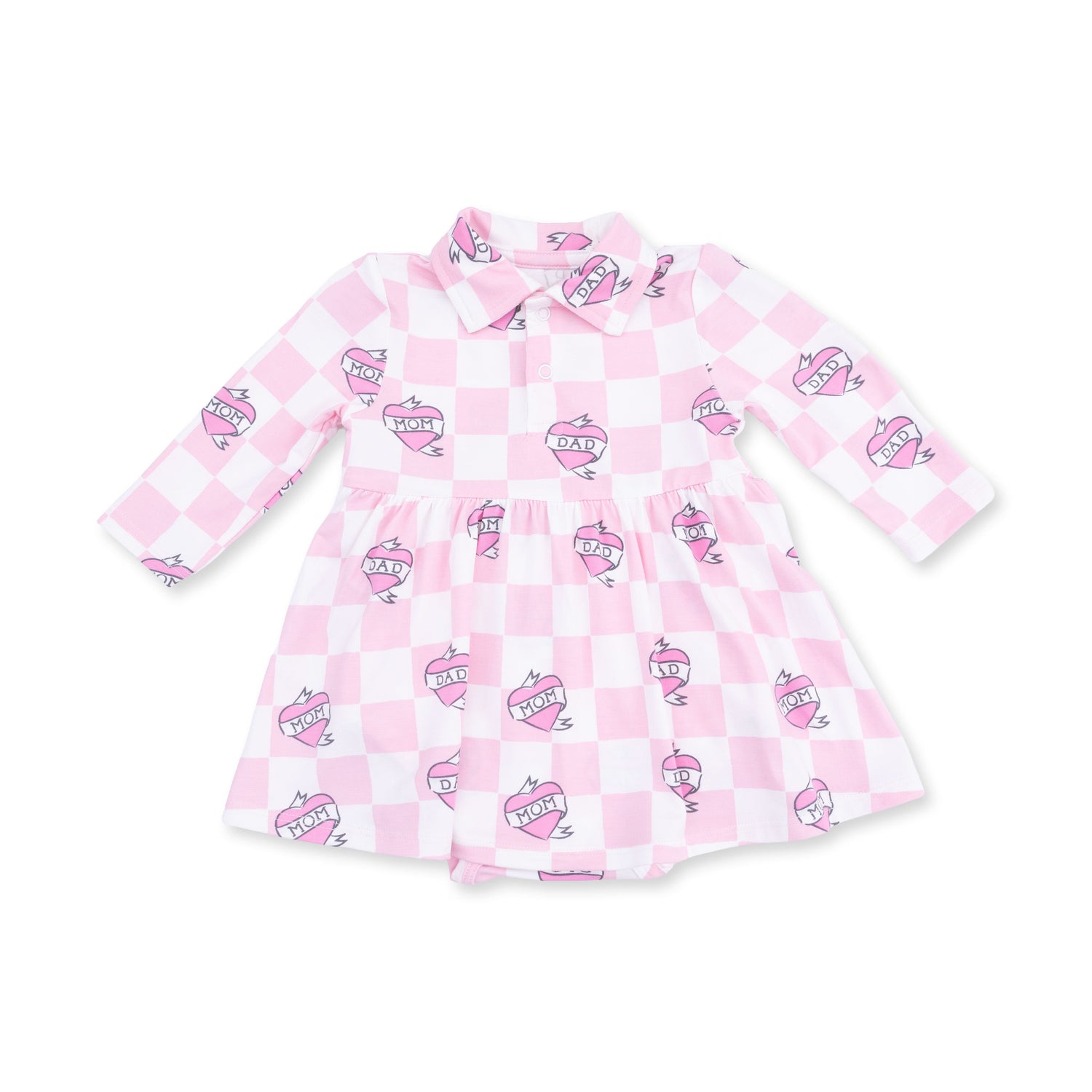 Long sleeve baby bodysuit dress in pink heart tattoo check print with a white polo collar