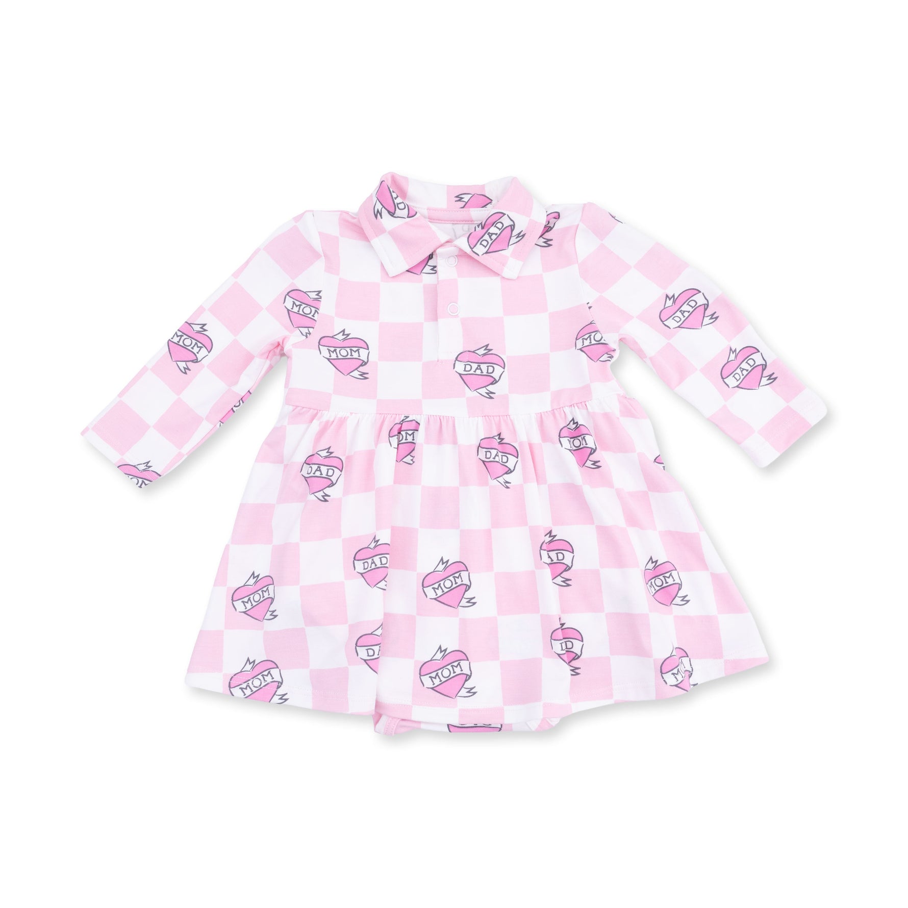 Long sleeve baby bodysuit dress in pink heart tattoo check print with a white polo collar