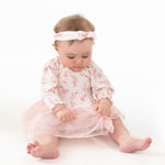 Long sleeve smocked baby bubble in ballet toile print with attached fluffy tulle tutu skirt