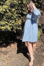 Light Blue Textured Dot Smocked Square Neck Chiffon Dress by PinkBlush