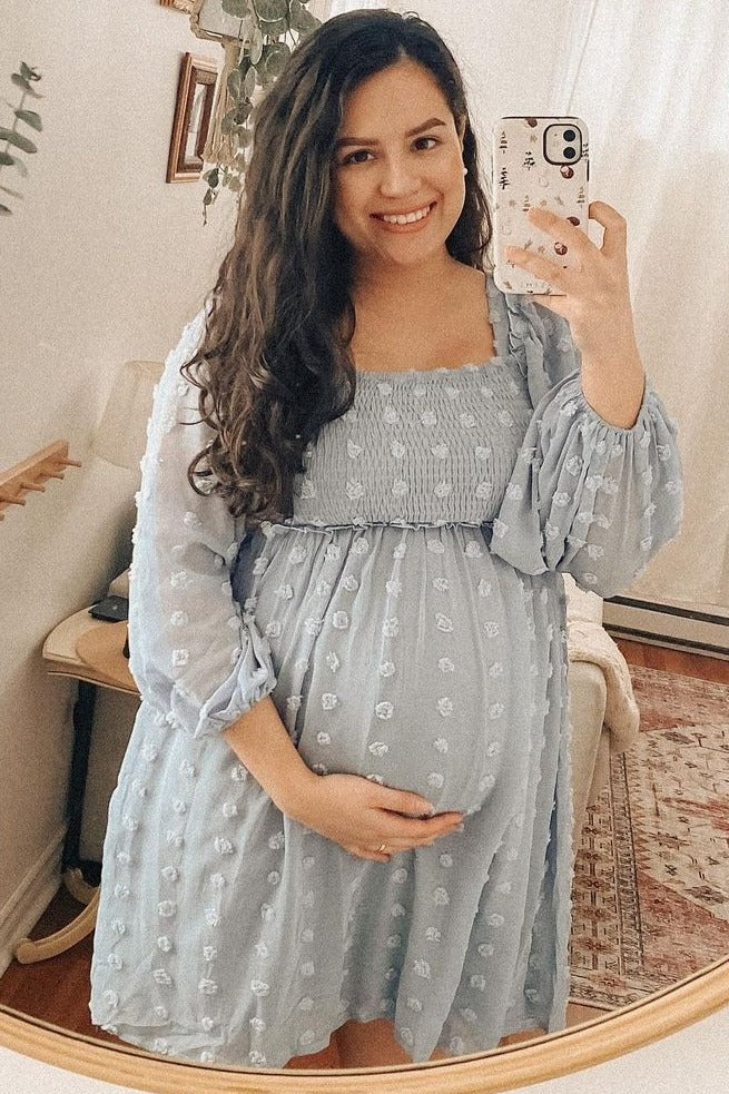 Light Blue Textured Dot Smocked Square Neck Chiffon Maternity Dress by PinkBlush