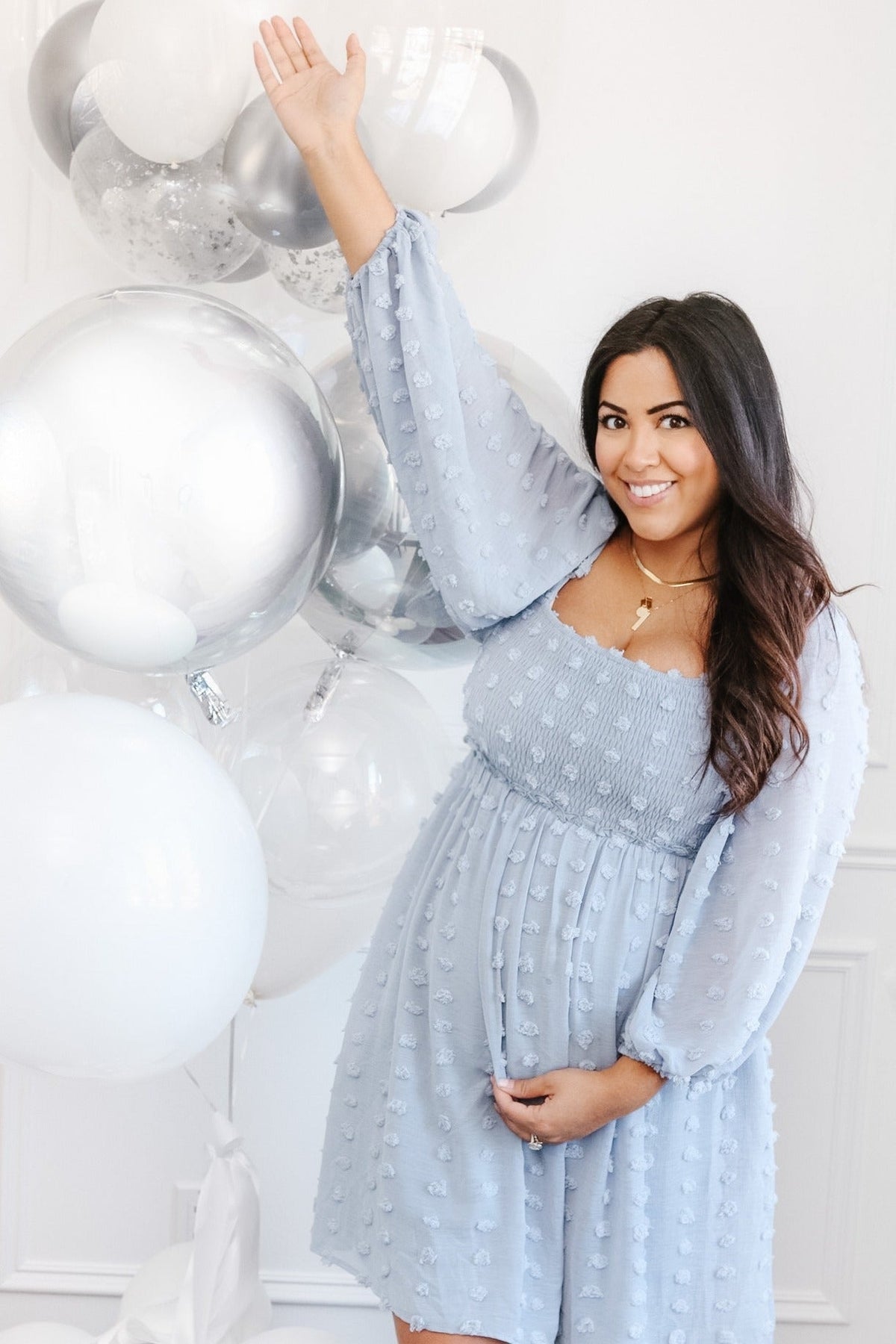 Light Blue Textured Dot Smocked Square Neck Chiffon Maternity Dress by PinkBlush