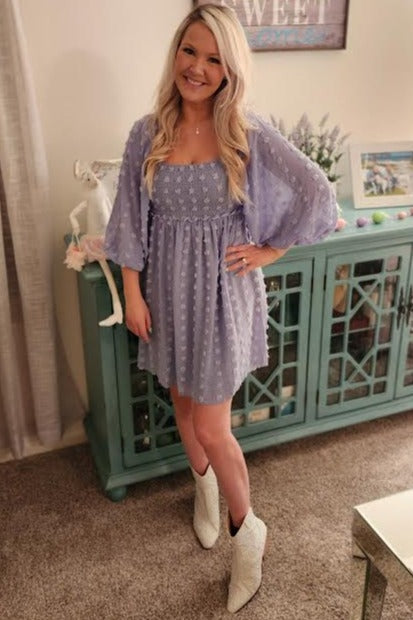 Light Blue Textured Dot Smocked Square Neck Chiffon Dress by PinkBlush