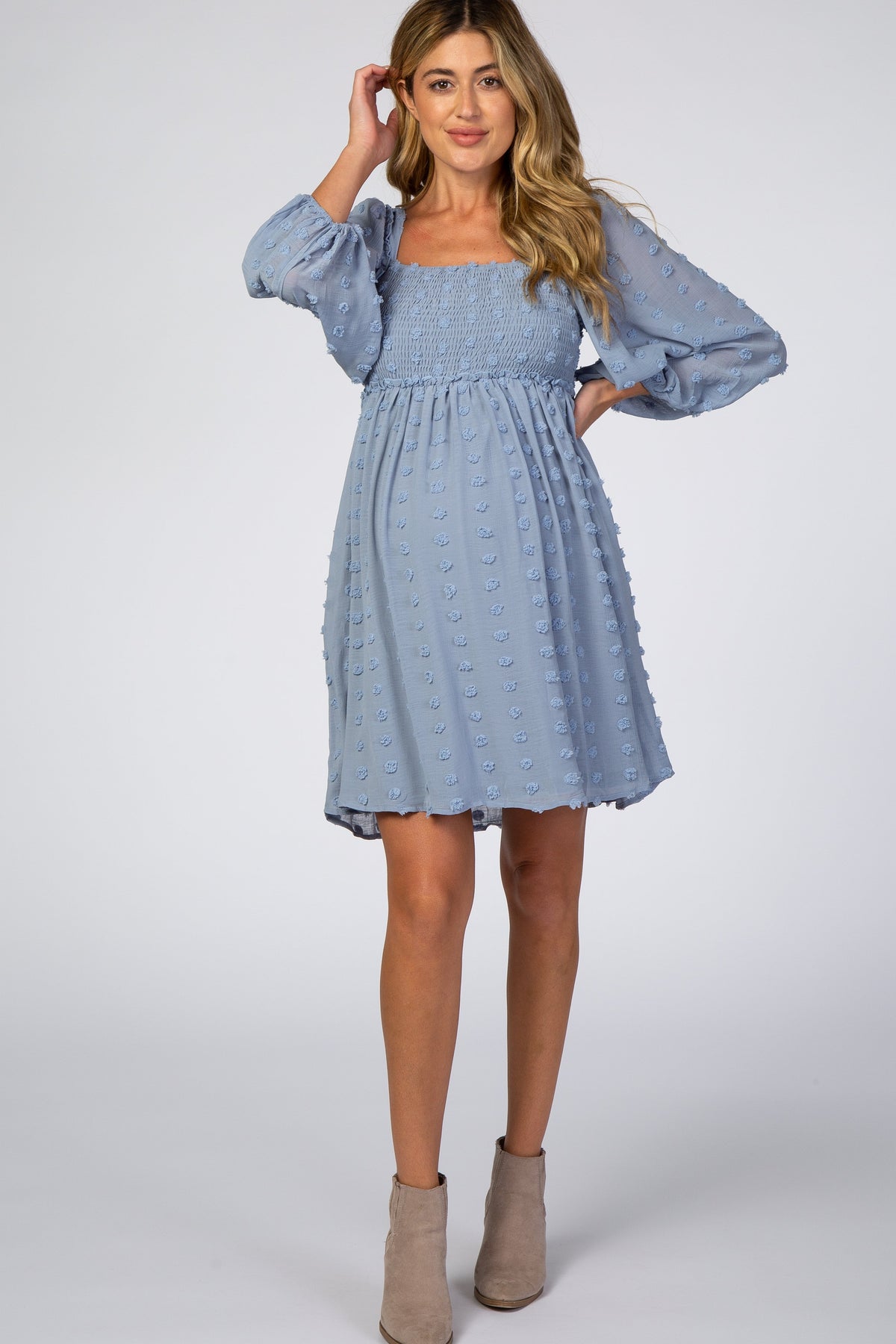 Light Blue Textured Dot Smocked Square Neck Chiffon Maternity Dress by PinkBlush