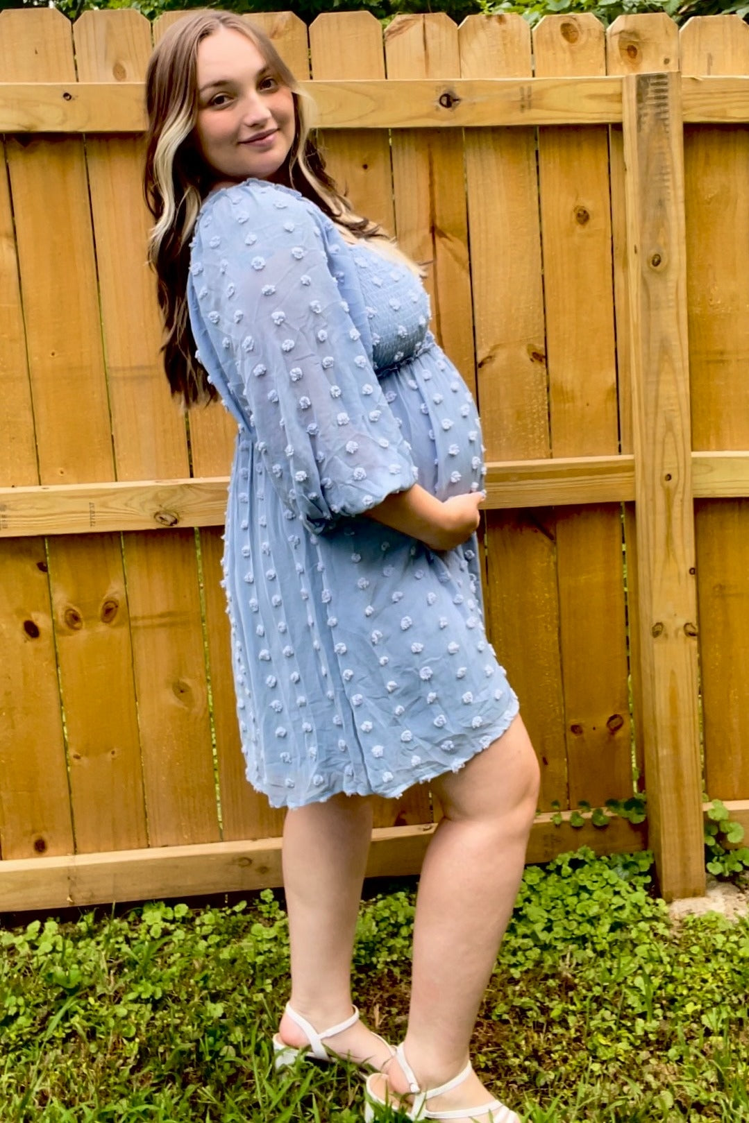 Light Blue Textured Dot Smocked Square Neck Chiffon Maternity Dress by PinkBlush