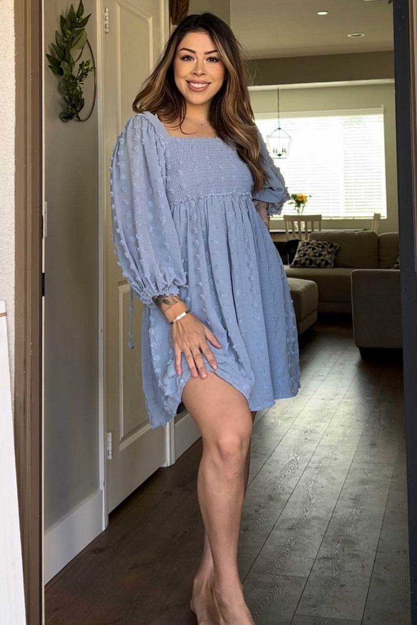 Light Blue Textured Dot Smocked Square Neck Chiffon Dress by PinkBlush (view 8 of 8)
