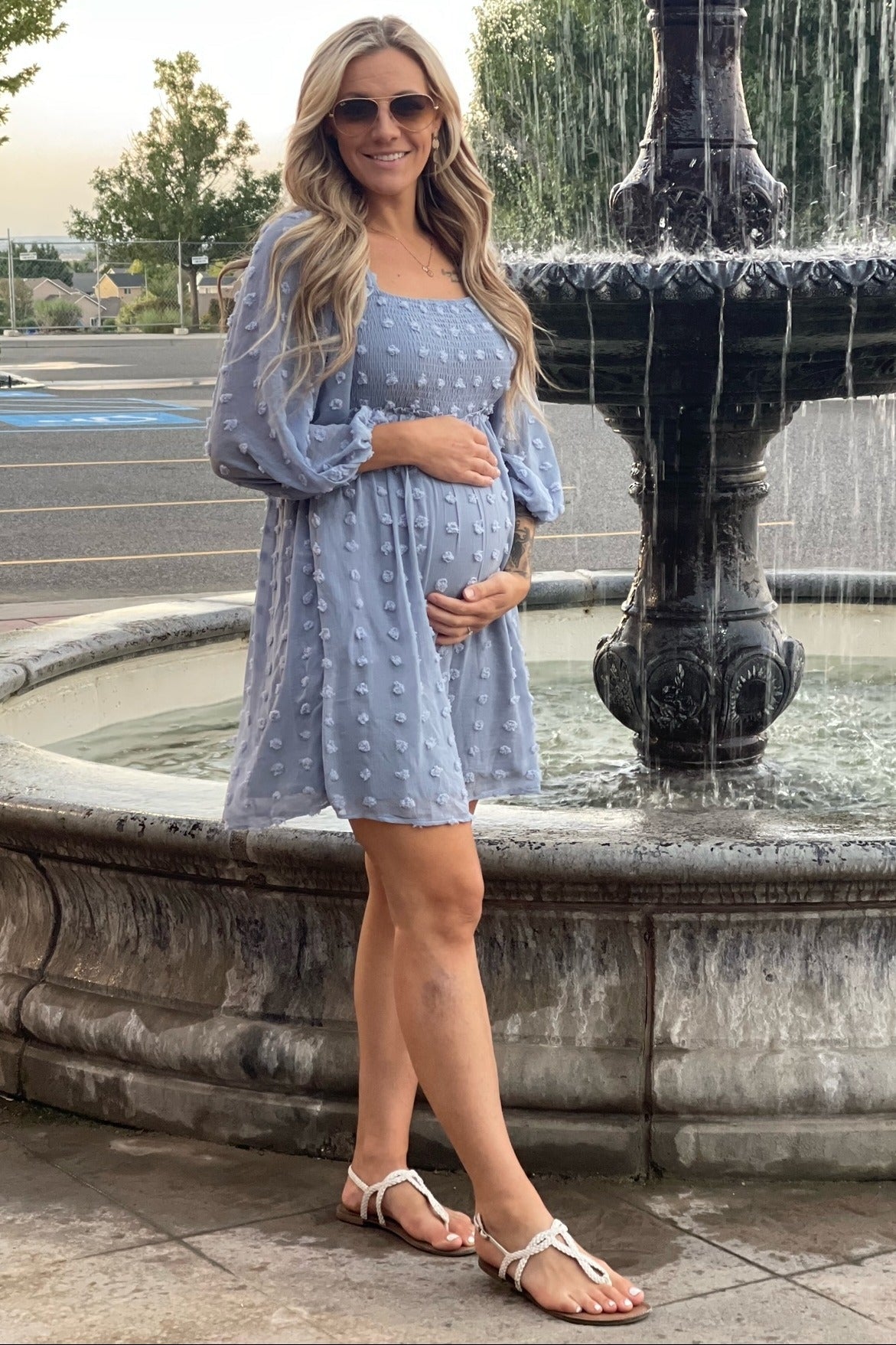 Light Blue Textured Dot Smocked Square Neck Chiffon Maternity Dress by PinkBlush