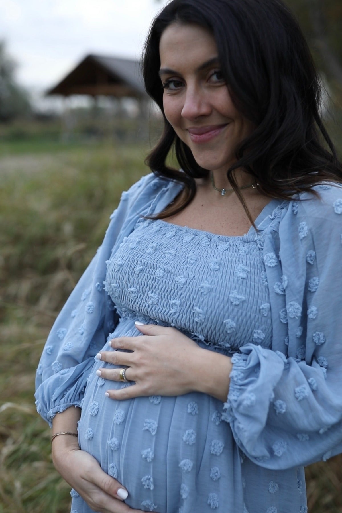 Light Blue Textured Dot Smocked Square Neck Chiffon Maternity Dress by PinkBlush