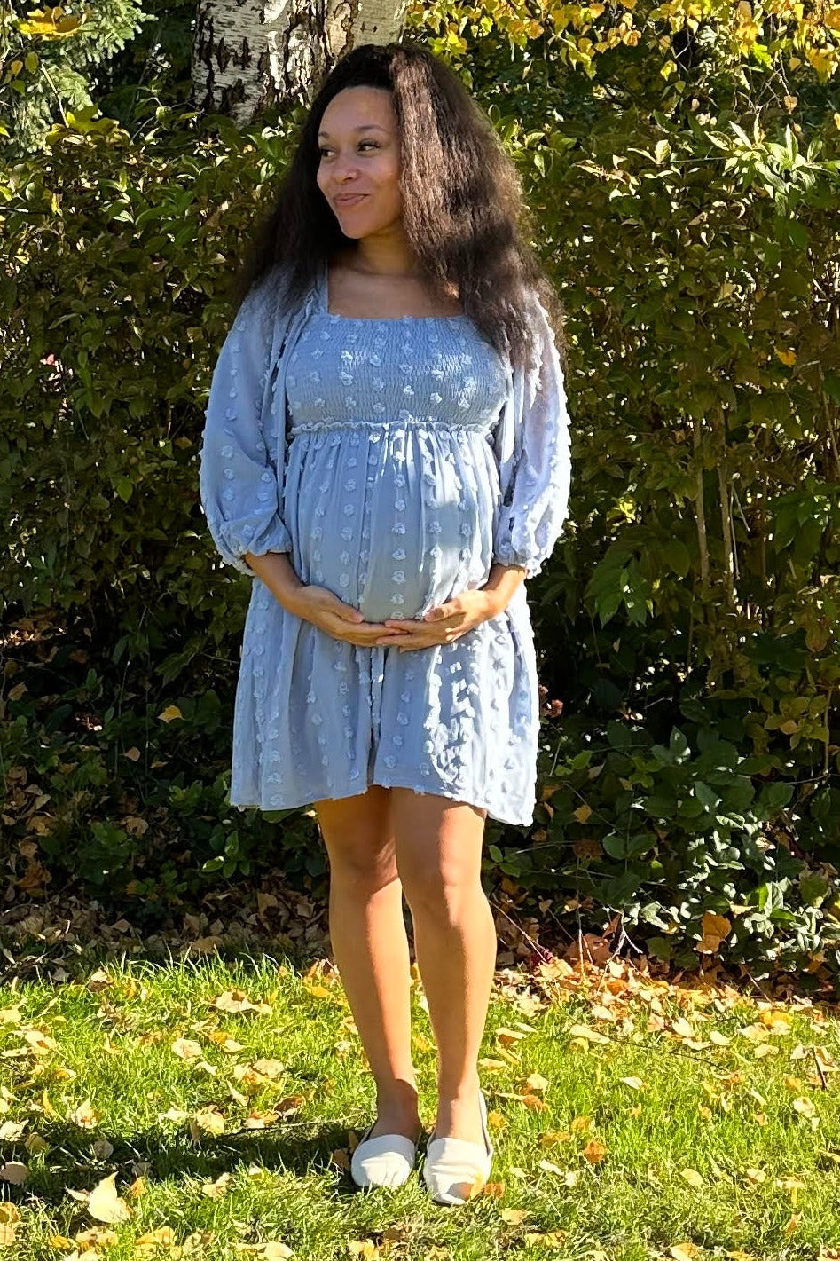 Light Blue Textured Dot Smocked Square Neck Chiffon Maternity Dress by PinkBlush