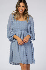 Light Blue Textured Dot Smocked Square Neck Chiffon Dress by PinkBlush