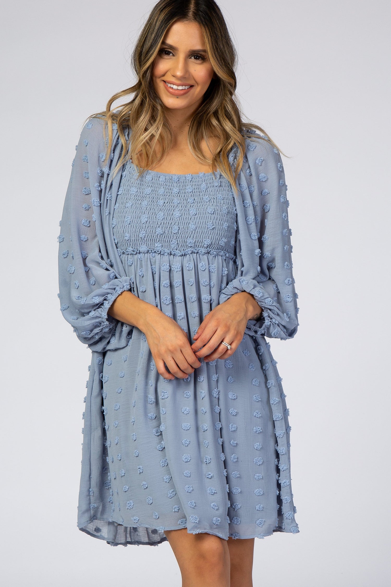 Light Blue Textured Dot Smocked Square Neck Chiffon Dress by PinkBlush (view 2 of 8)