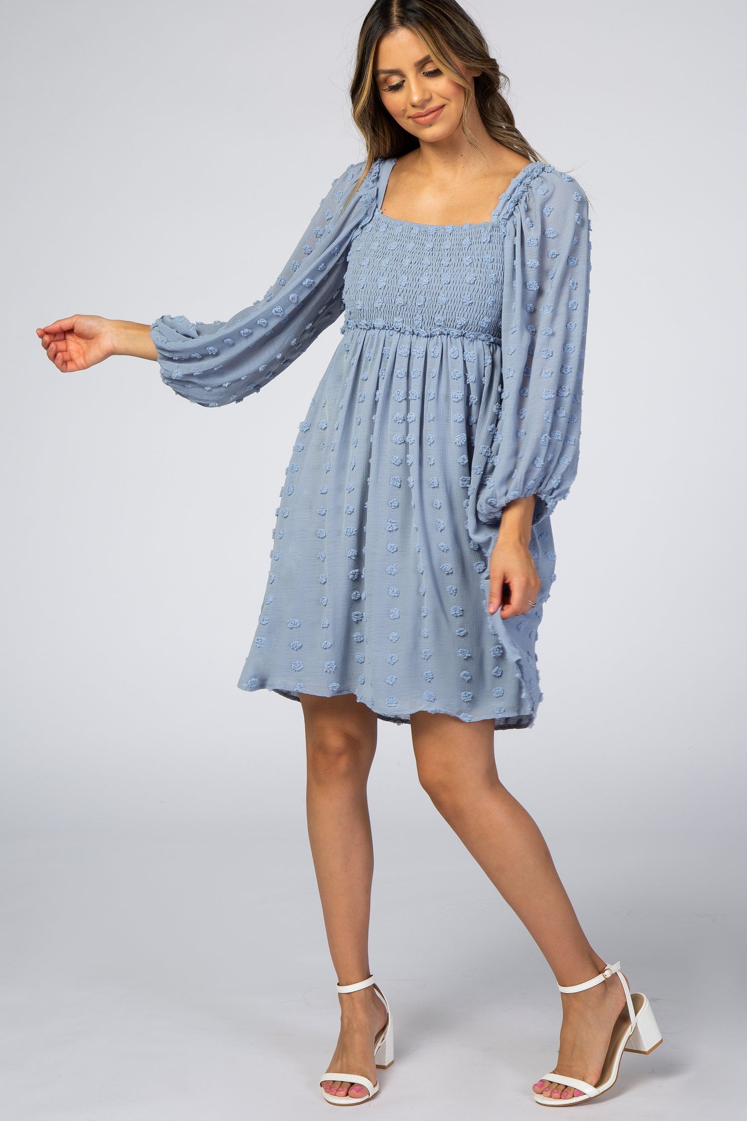 Light Blue Textured Dot Smocked Square Neck Chiffon Dress by PinkBlush (view 1 of 8)