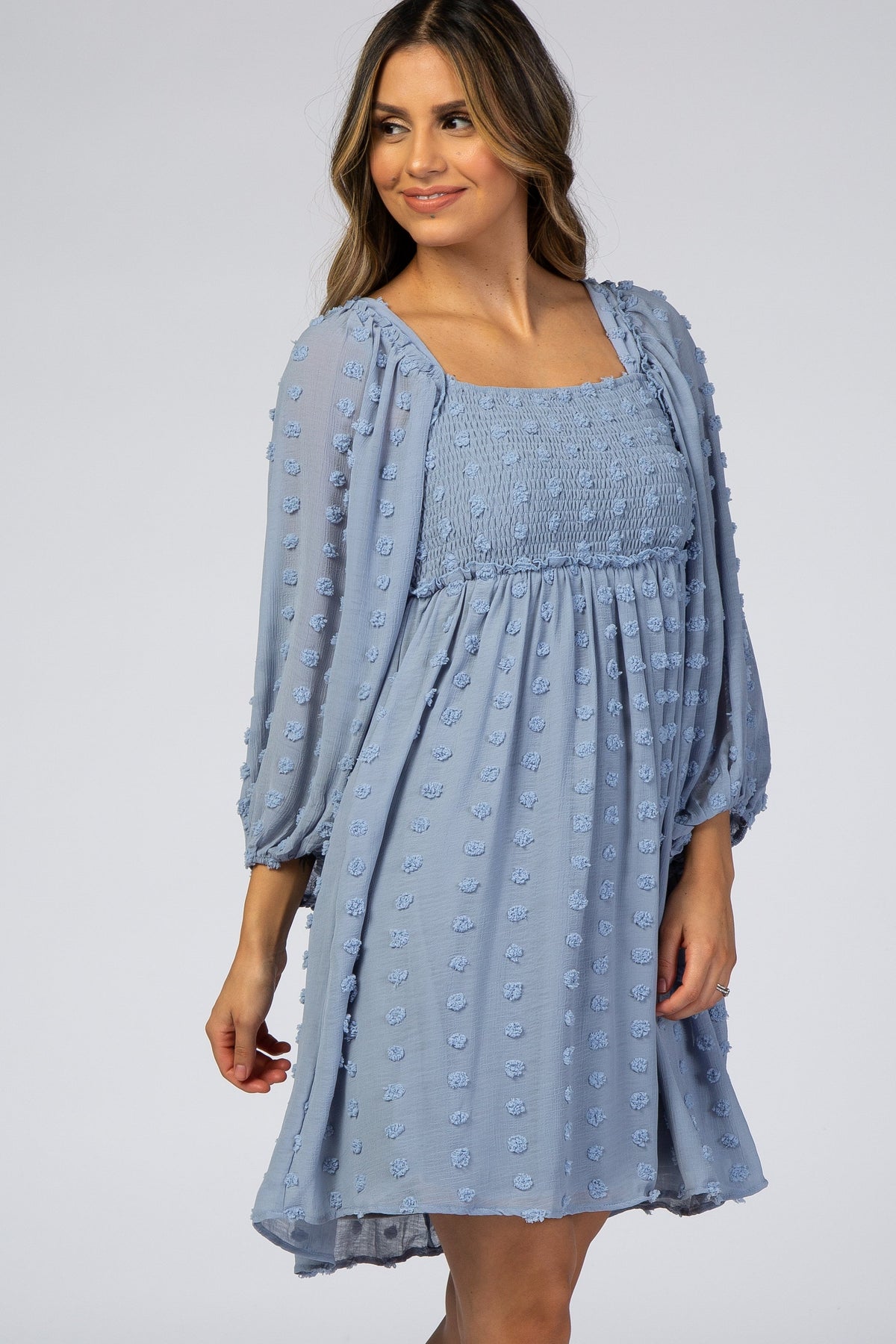 Light Blue Textured Dot Smocked Square Neck Chiffon Dress by PinkBlush (view 3 of 8)