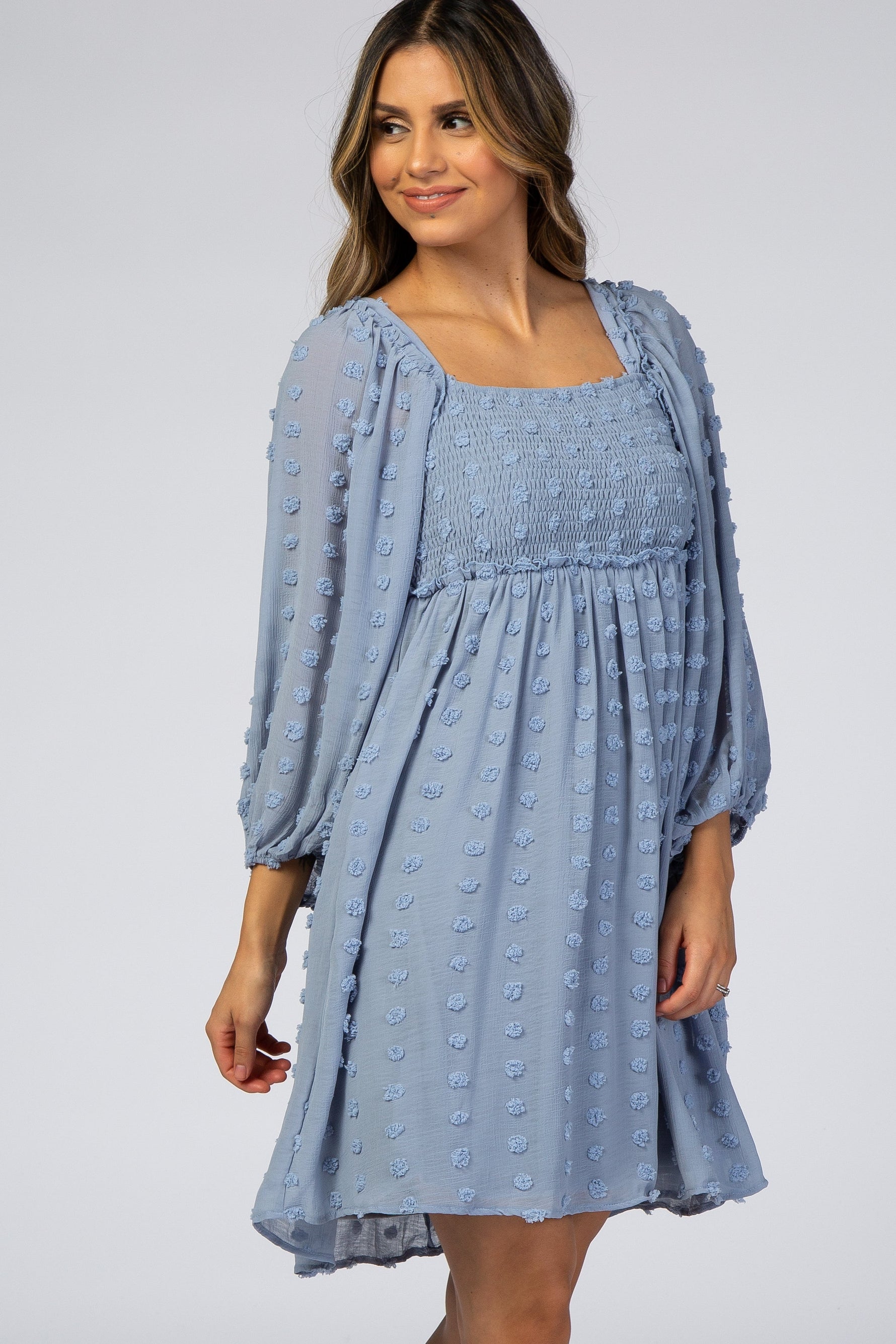 Light Blue Textured Dot Smocked Square Neck Chiffon Dress by PinkBlush (view 3 of 8)