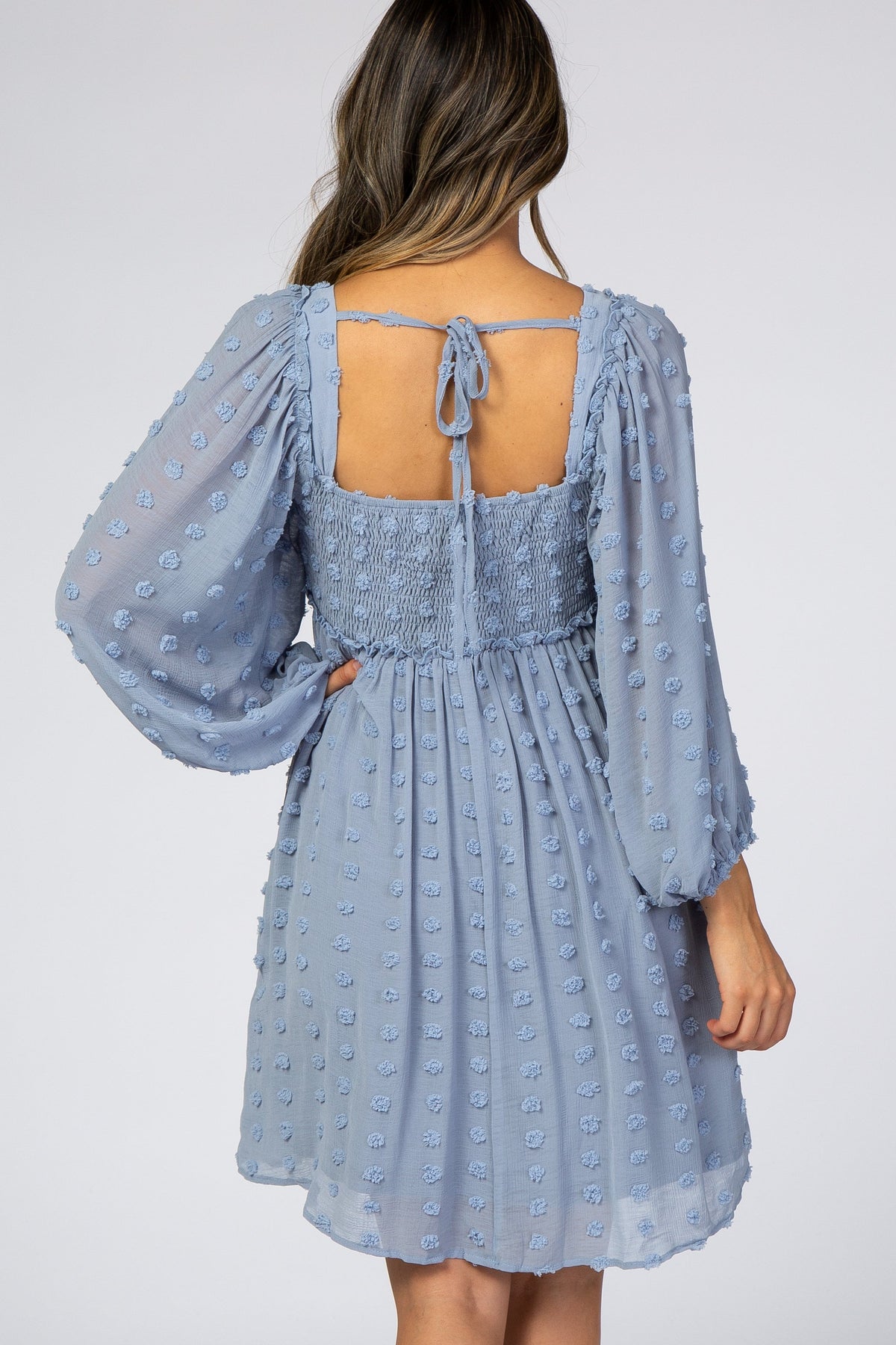 Light Blue Textured Dot Smocked Square Neck Chiffon Dress by PinkBlush