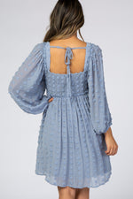 Light Blue Textured Dot Smocked Square Neck Chiffon Dress by PinkBlush