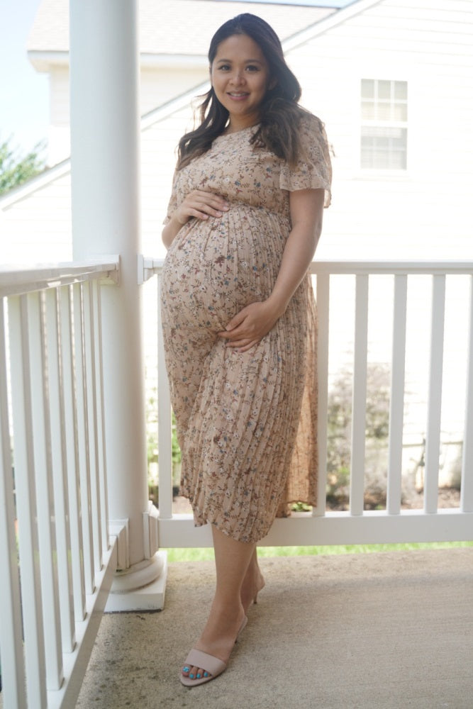Chiffon Maternity Midi Dress - Floral Pleated by PinkBlush