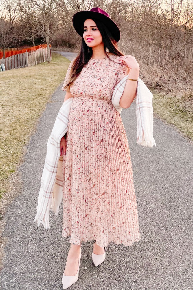 Pleated Chiffon Midi Dress - Beige Floral by PinkBlush (view 7 of 12)