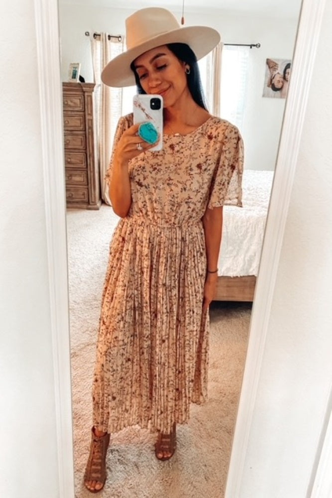 Pleated Chiffon Midi Dress - Beige Floral by PinkBlush (view 8 of 12)