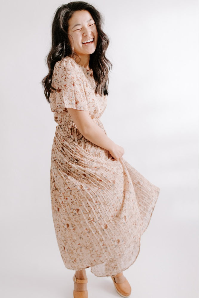 Pleated Chiffon Midi Dress - Beige Floral by PinkBlush (view 10 of 12)