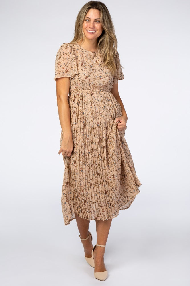 Pleated Chiffon Midi Dress - Beige Floral by PinkBlush (view 4 of 12)