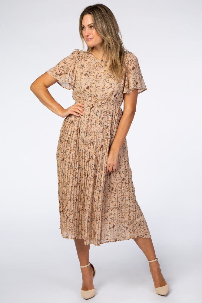 Pleated Chiffon Midi Dress - Beige Floral by PinkBlush (view 1 of 12)